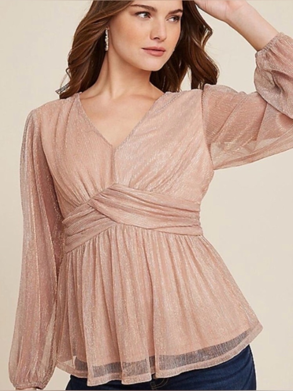 Maurices Blush Pleated V-Neck Long Sleeve Peplum Top